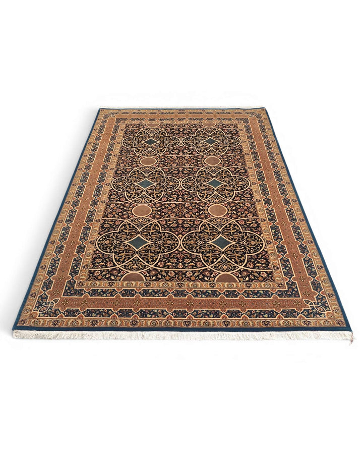 Hand-knotted wool pile of camel arabesque rug