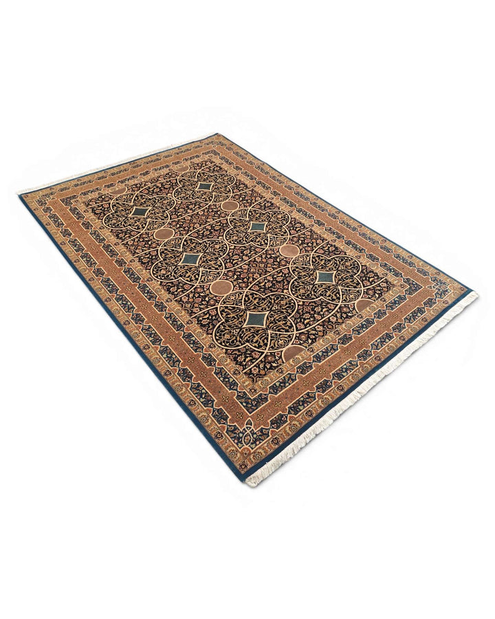 Hand-knotted camel rug with arabesque lattice field