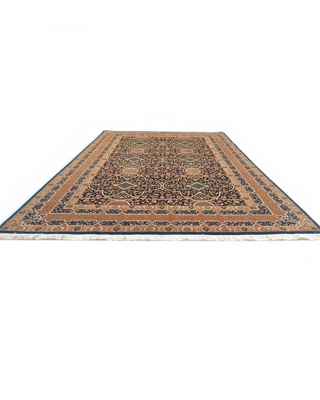 Fringe of camel arabesque lattice hand-knotted rug