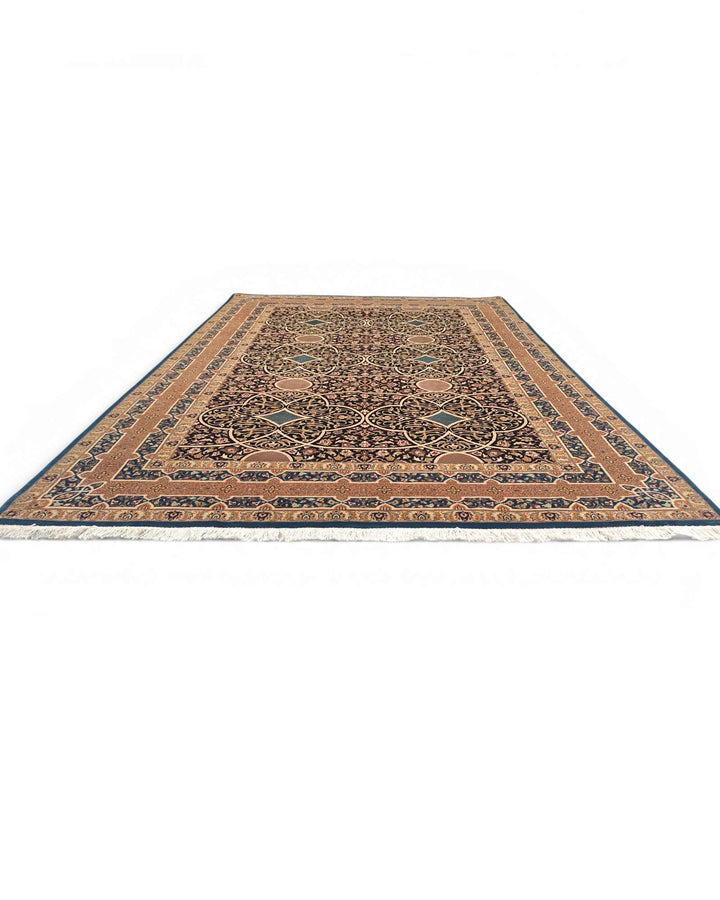 Fringe of camel arabesque lattice hand-knotted rug