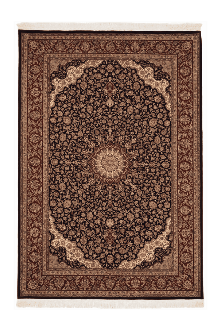 Obsidian black and claret medallion Tabriz rug, hand-knotted wool