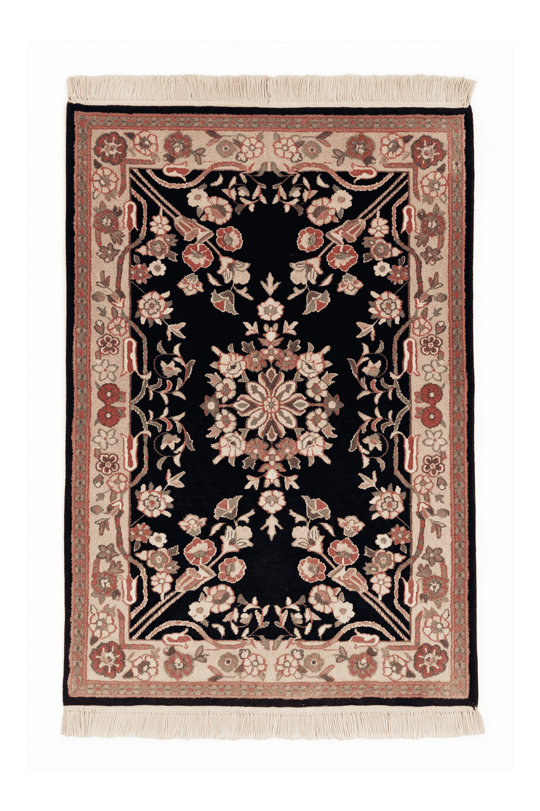 Black and cream Kashan floral medallion rug, 62×92cm, entrance mat