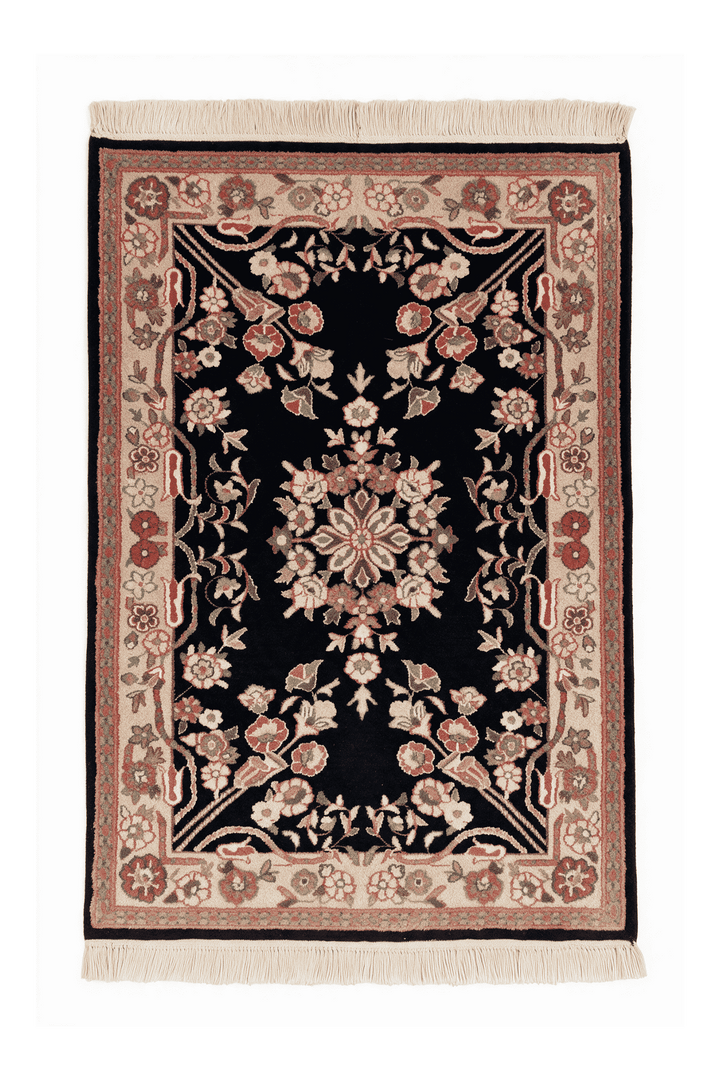 Black and cream Kashan floral medallion rug, 62×92cm, entrance mat
