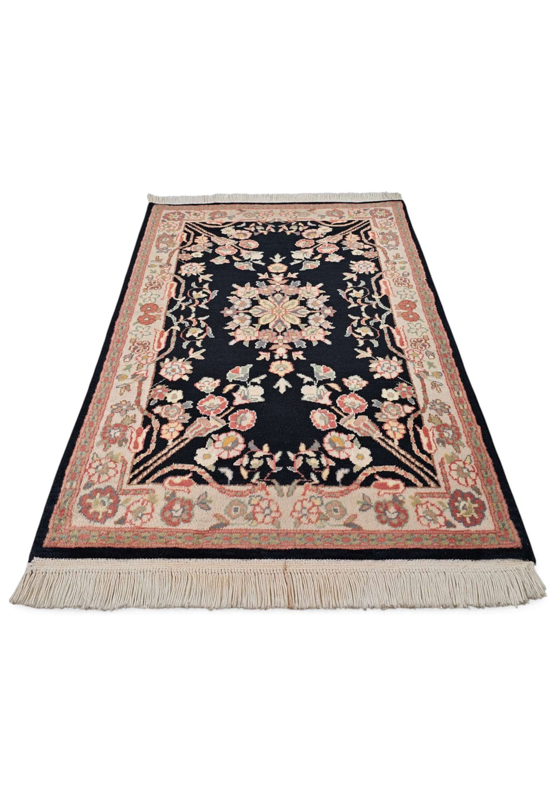 Hand-knotted wool pile of black Kashan rug, 62×92cm