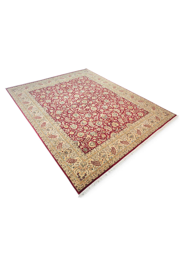 One-of-a-kind burgundy and camel Shah Abbasi Pakistani rug