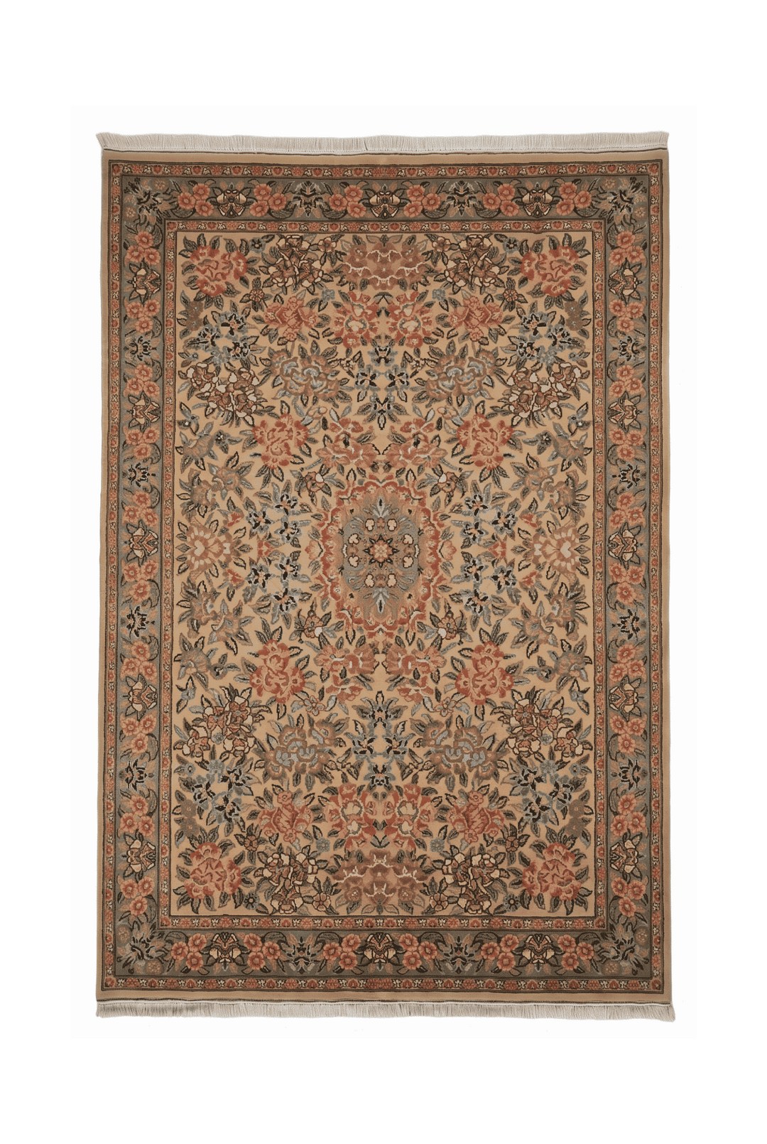 Camel and pink rose Gol Farang floral rug, 185×279cm, 3 tatami