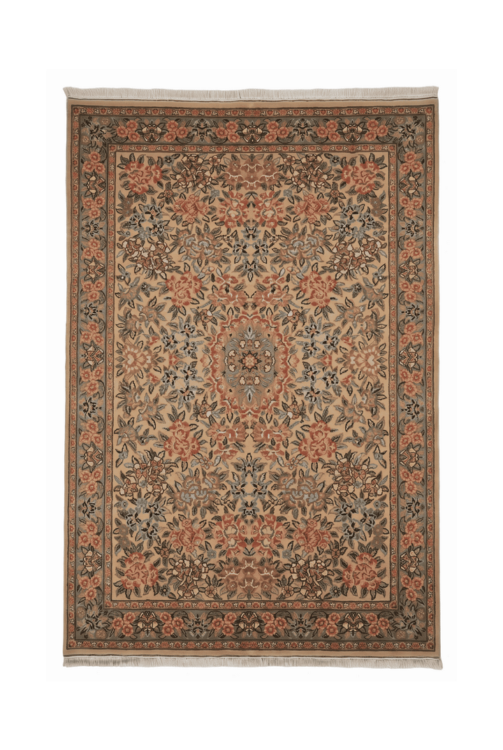 Camel and pink rose Gol Farang floral rug, 185×279cm, 3 tatami