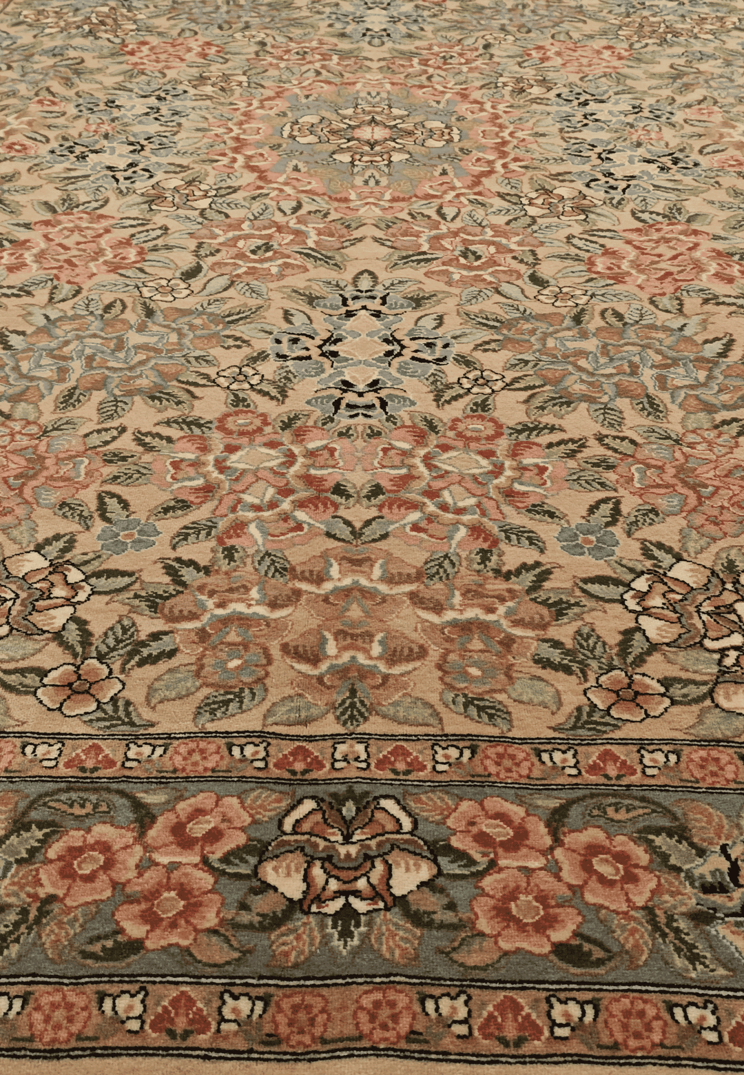 Corner of camel rose Gol Farang Pakistani double-knot rug