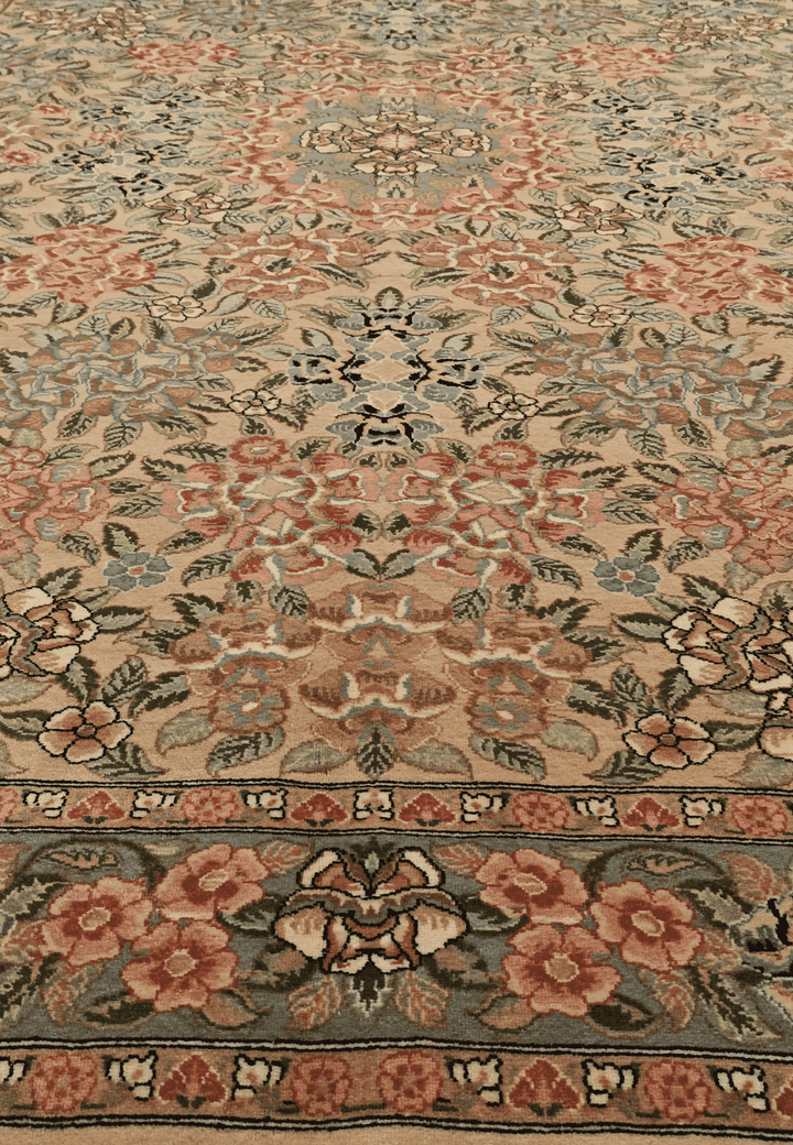 Corner of camel rose Gol Farang Pakistani double-knot rug