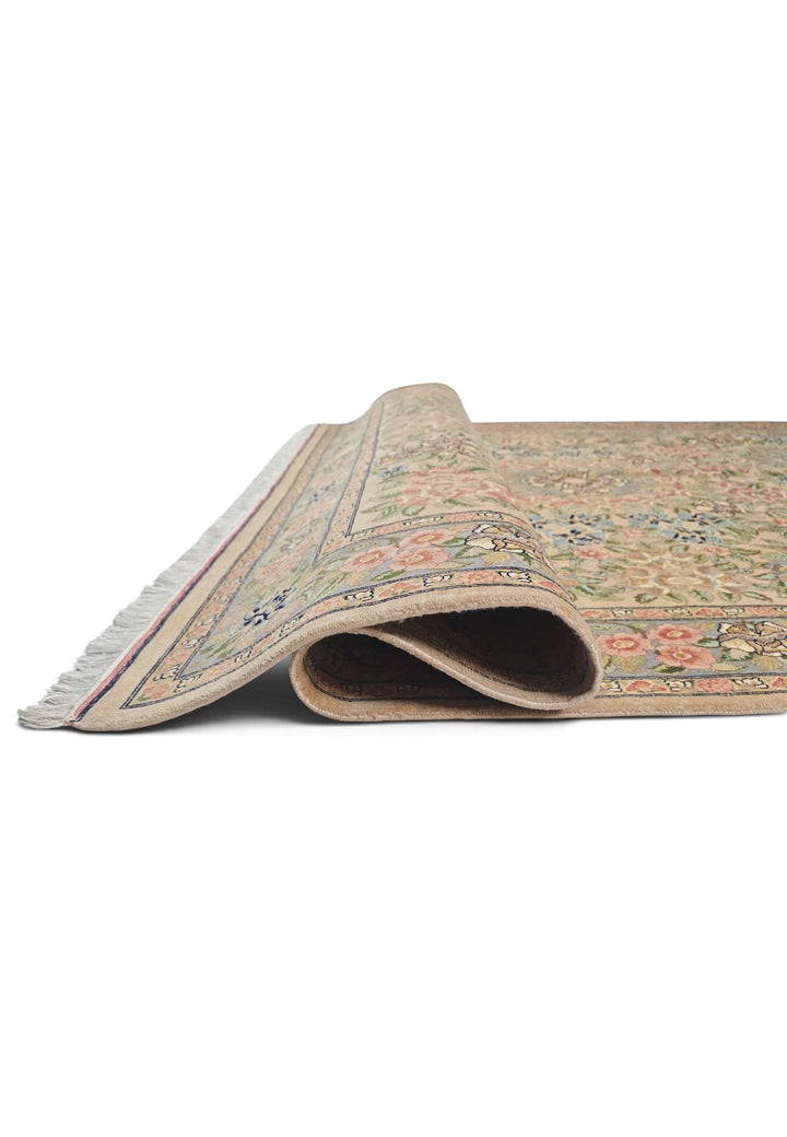 Hand-knotted camel rug with pink Gol Farang roses