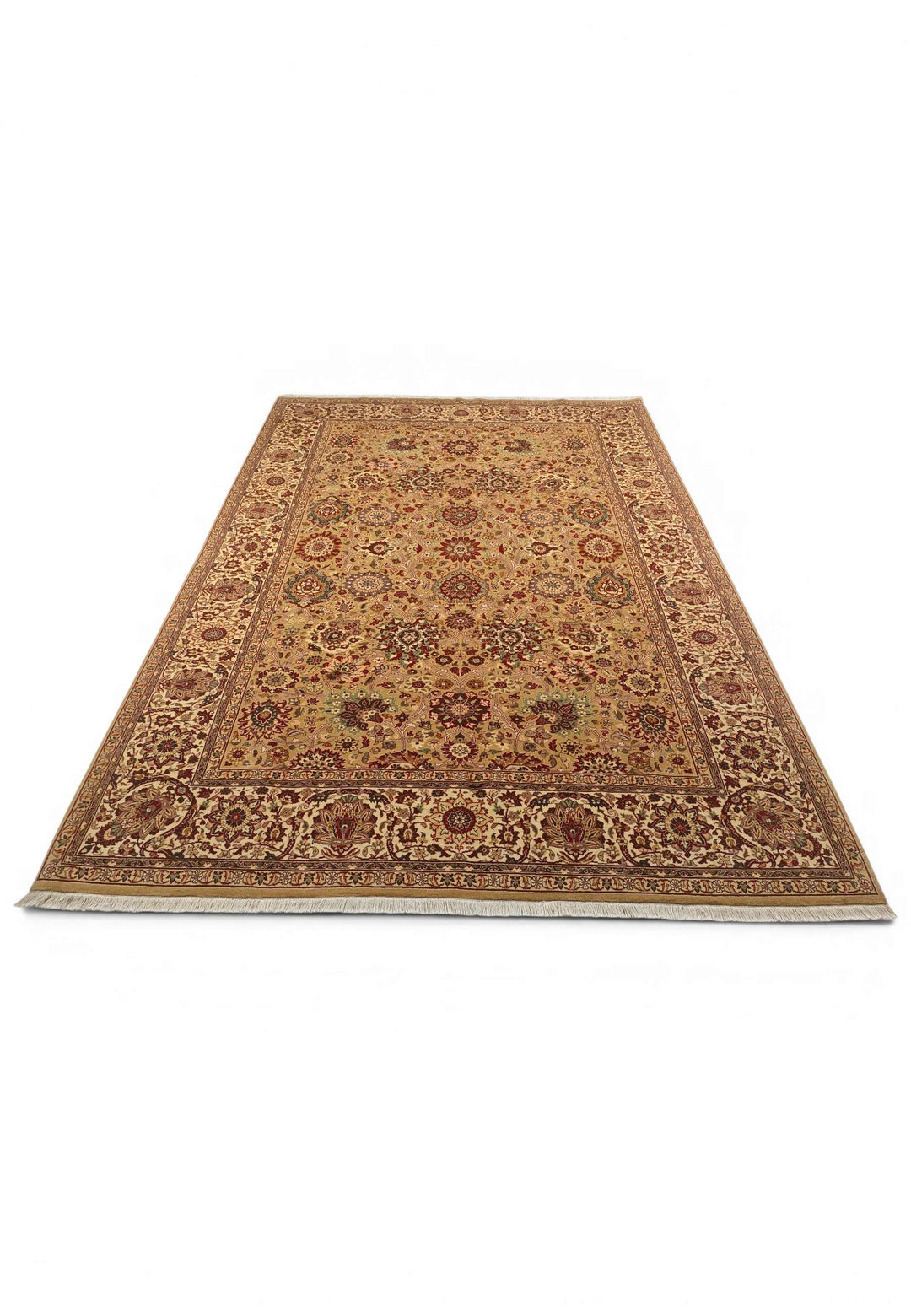 Border detail of gold ivory hand-knotted double-knot rug