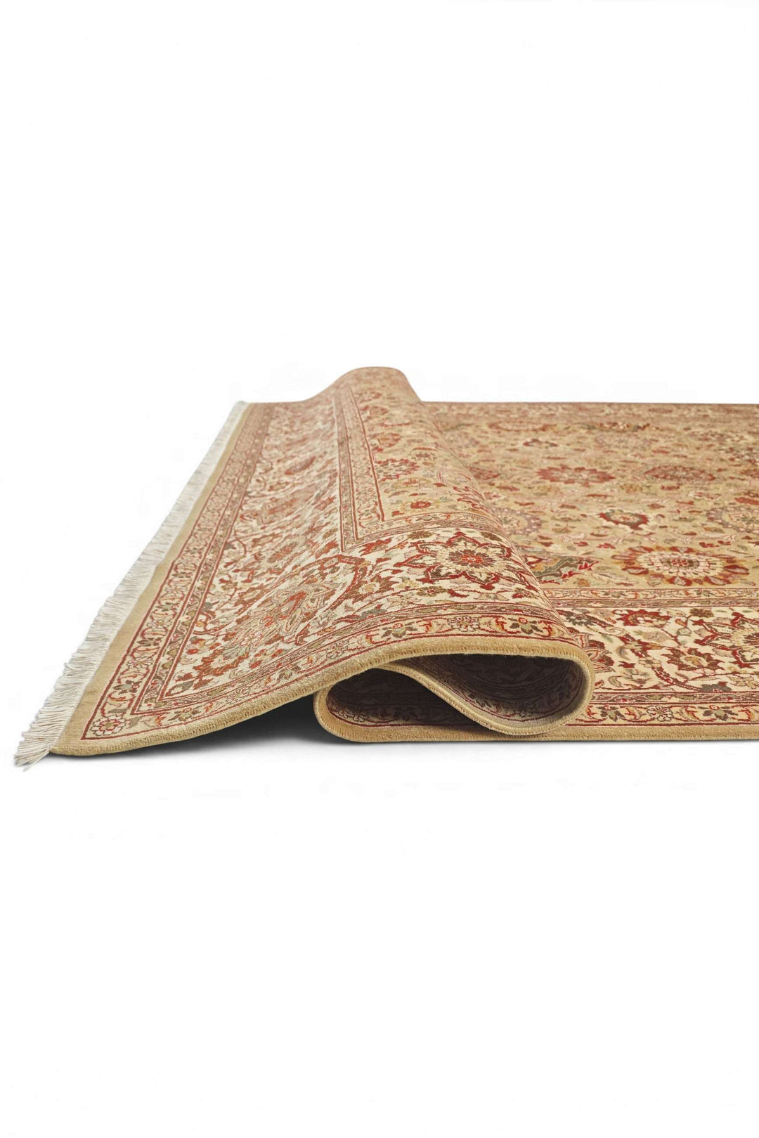 Hand-knotted gold rug with ivory Tabriz floral field