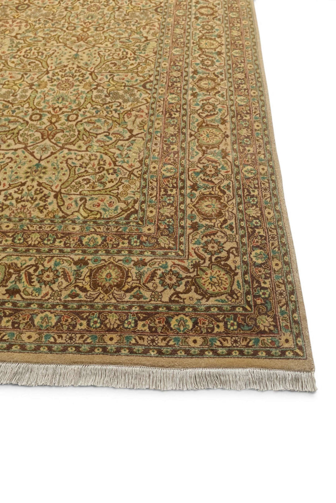 Fringe of cream and brown floral lattice hand-knotted rug