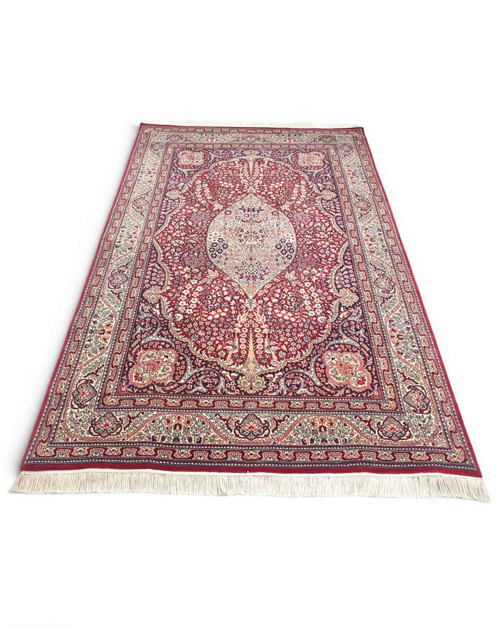 Hand-knotted ruby red rug with central Tabriz medallion