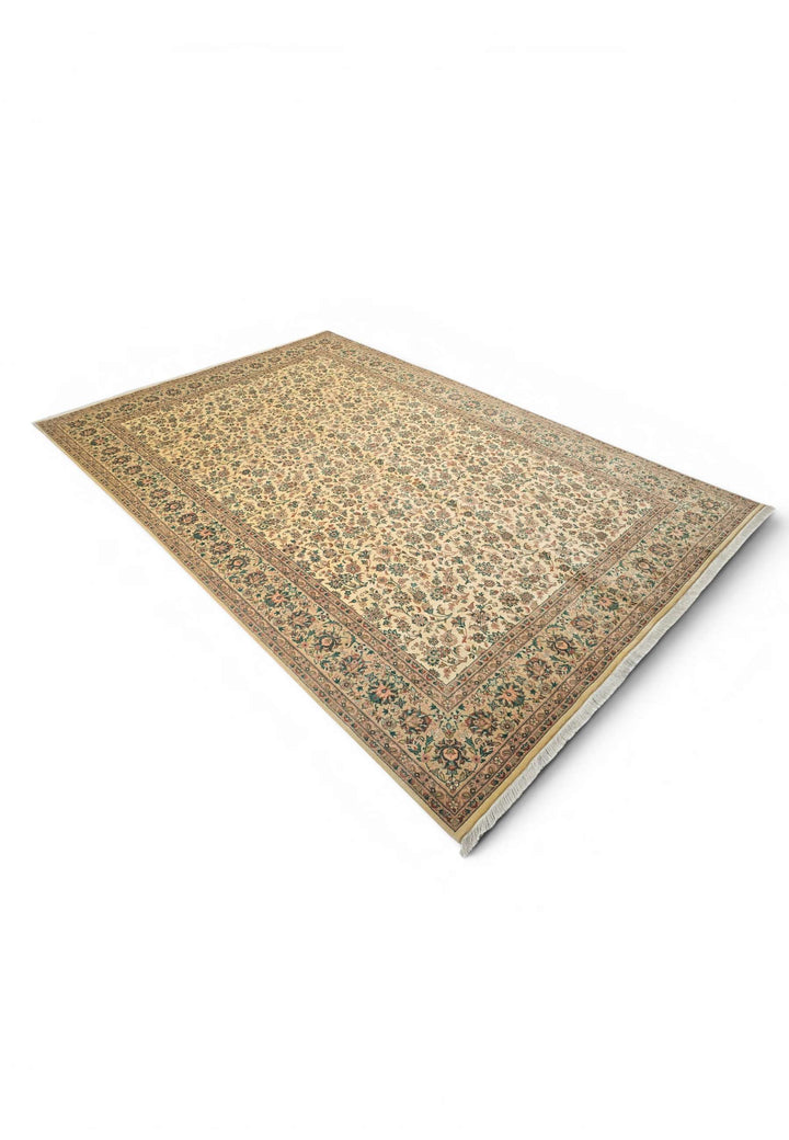 Cream and green floral vine rug for a living room, 3 tatami