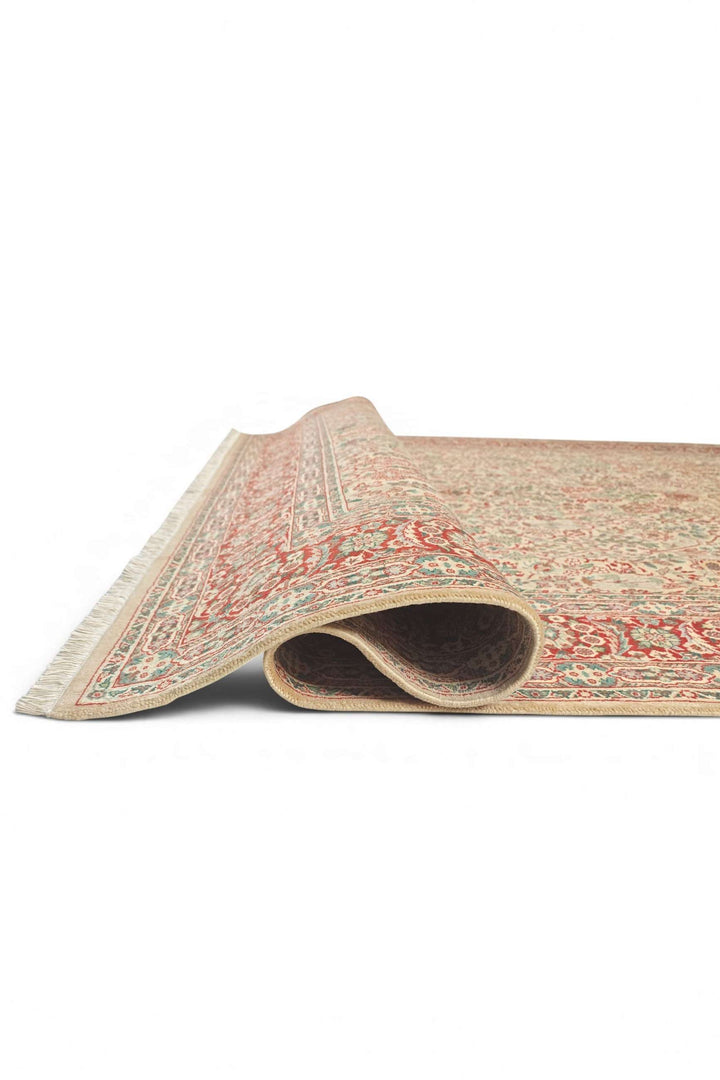 Hand-knotted cream rug with red Tabriz floral field