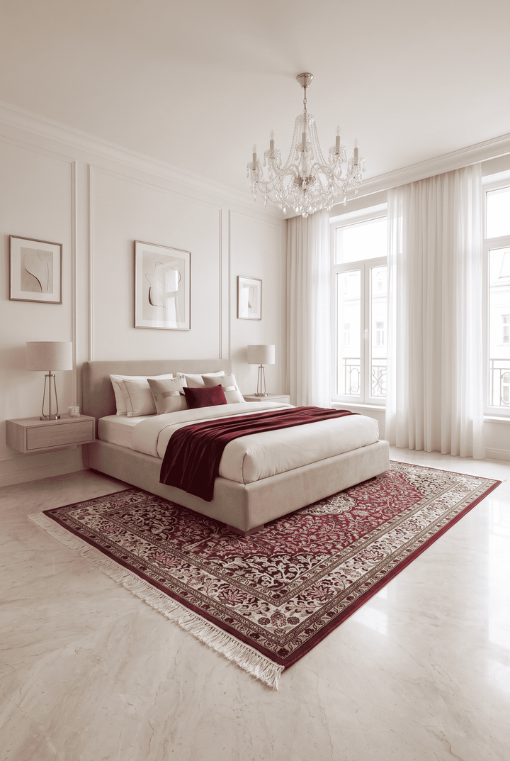 Border detail of crimson hand-knotted double-knot rug