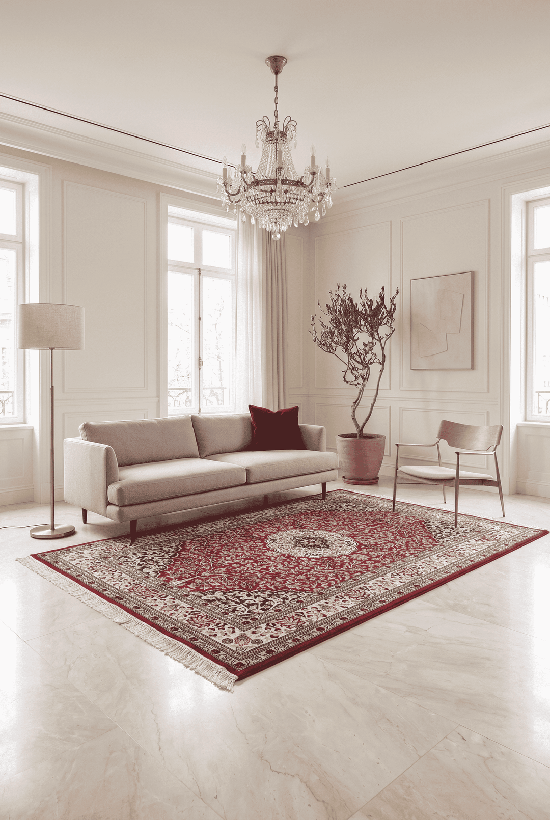 Hand-knotted wool pile of crimson Tabriz rug