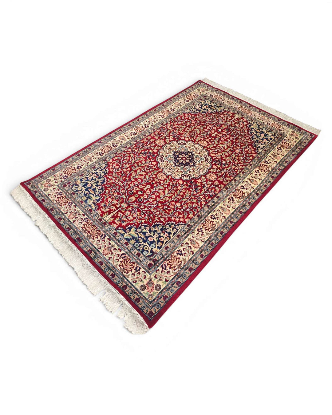Hand-knotted crimson rug with central Tabriz medallion