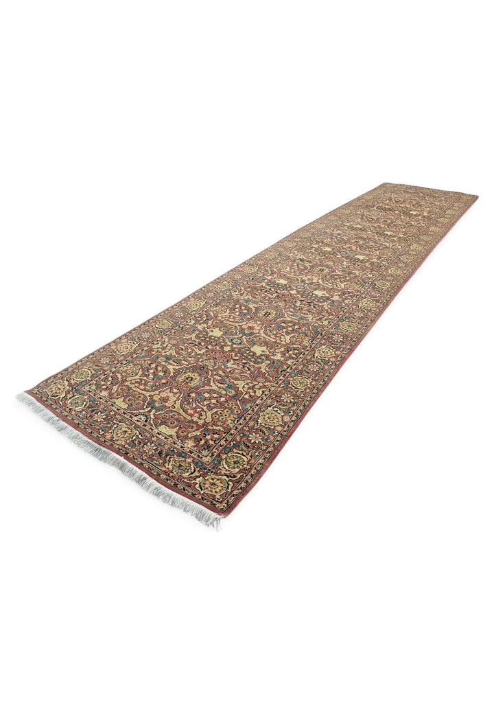 Hand-knotted wool pile of brick red Shah Abbasi runner, 78×336cm