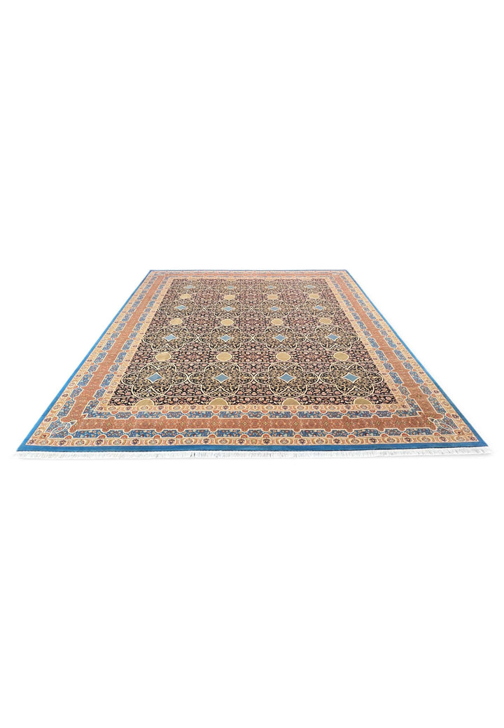 Border detail of espresso lattice hand-knotted Pakistani rug