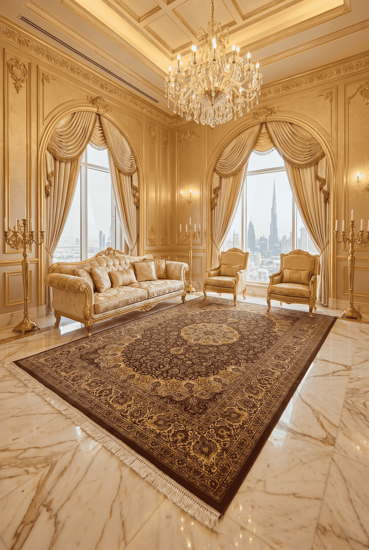 Hand-knotted wool pile of espresso gold Tabriz rug