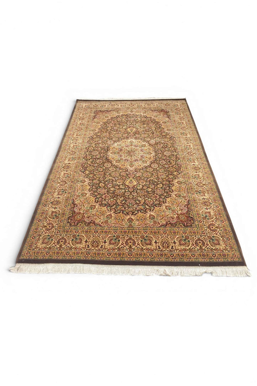 One-of-a-kind espresso and gold medallion Pakistani rug