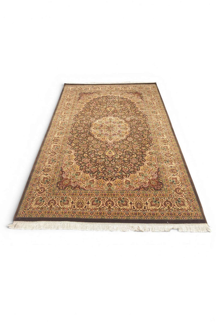 One-of-a-kind espresso and gold medallion Pakistani rug
