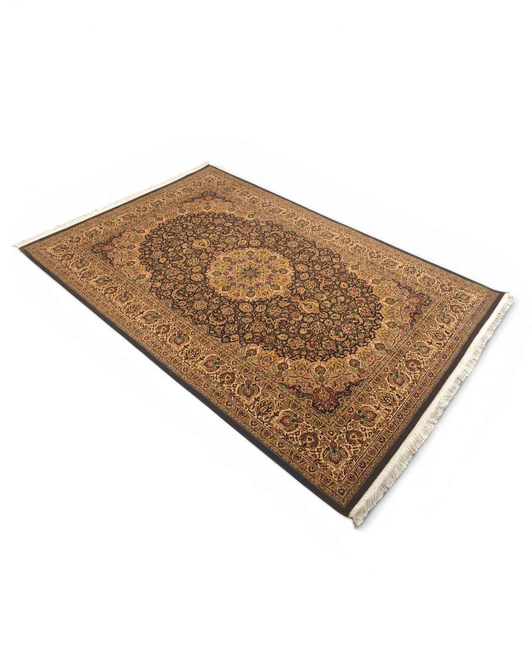 Fringe of espresso and gold Tabriz hand-knotted rug