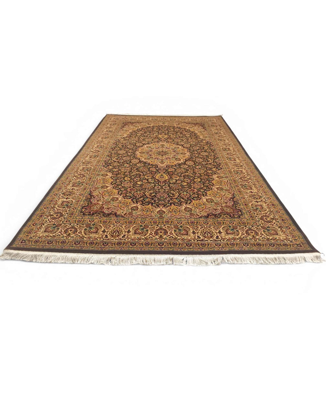 Corner of espresso gold Tabriz Pakistani double-knot rug