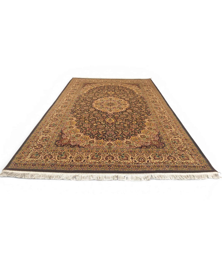 Corner of espresso gold Tabriz Pakistani double-knot rug