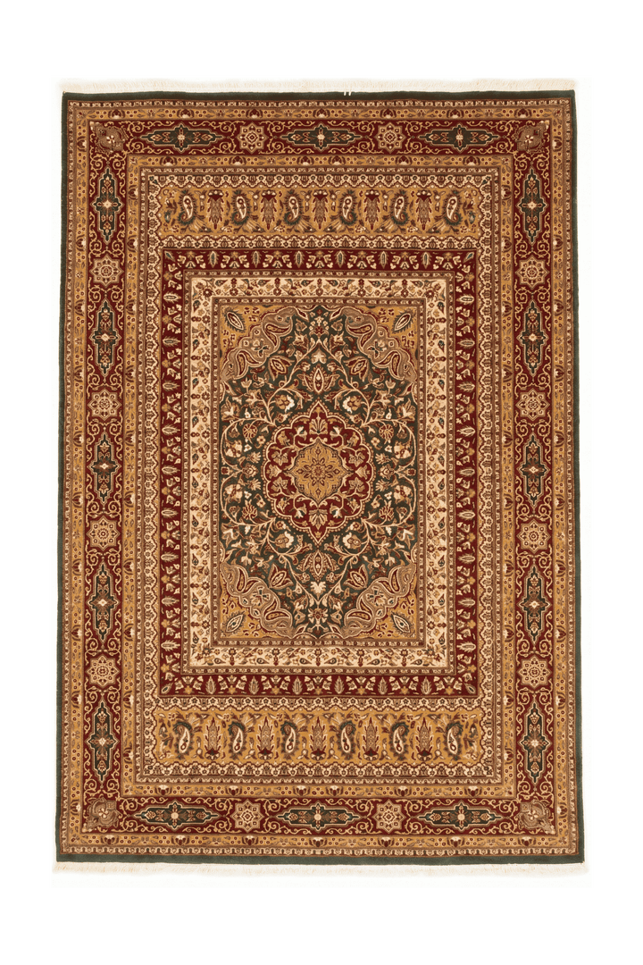 Emerald green medallion Tabriz rug, hand-knotted Pakistani wool