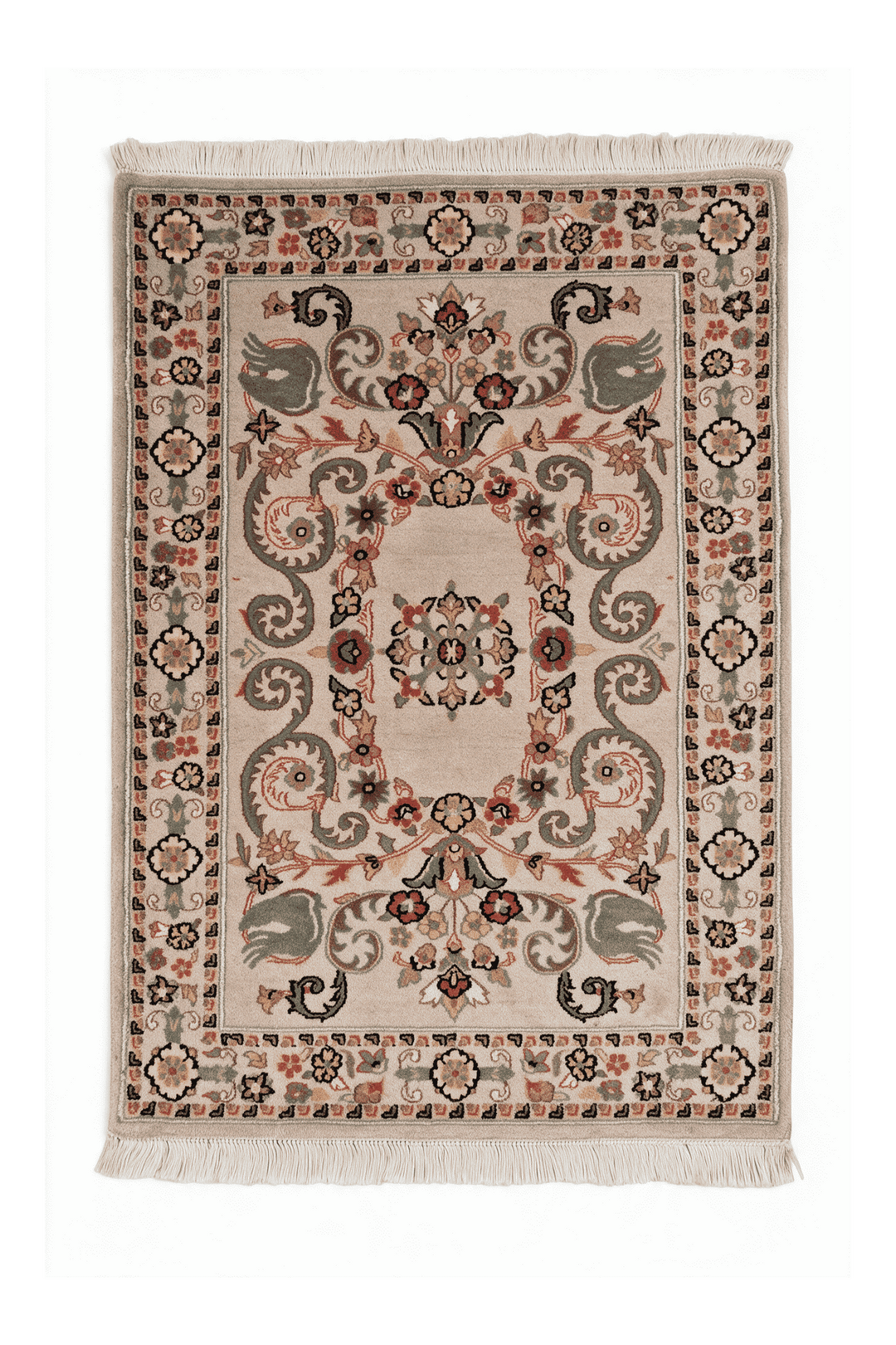 Blush and sage scrolling leaf medallion rug, 62×96cm, entrance mat