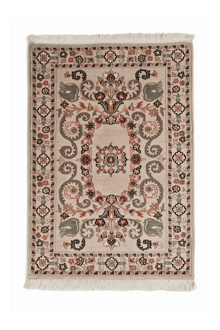 Blush and sage scrolling leaf medallion rug, 62×96cm, entrance mat