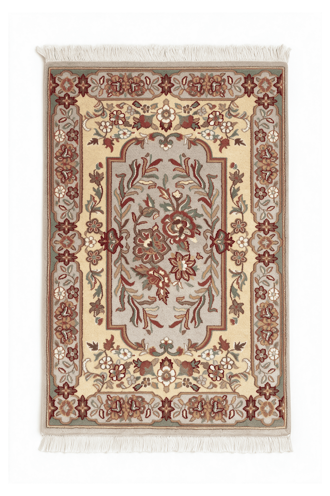 Gold and grey French floral panel rug, 62×96cm, Aubusson style