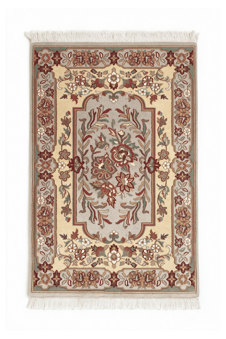 Gold and grey French floral panel rug, 62×96cm, Aubusson style