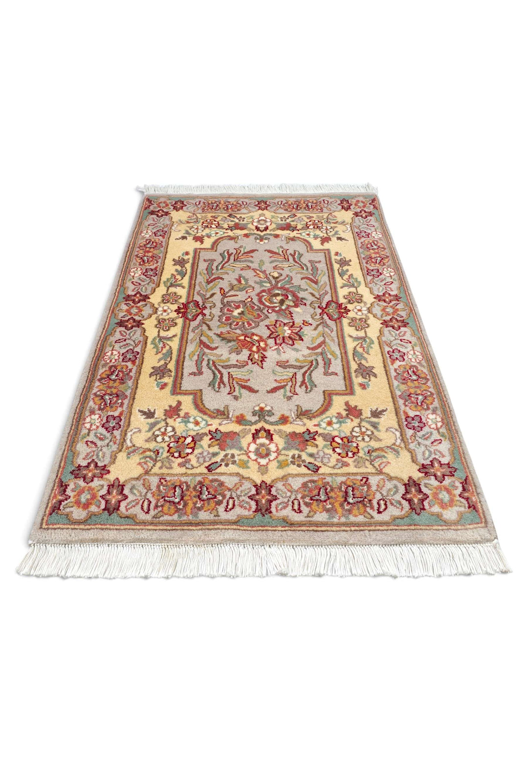 Border detail of gold grey Aubusson style hand-knotted rug