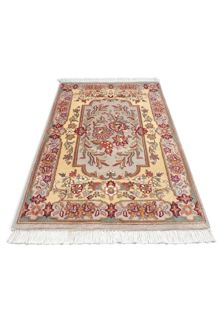 Border detail of gold grey Aubusson style hand-knotted rug