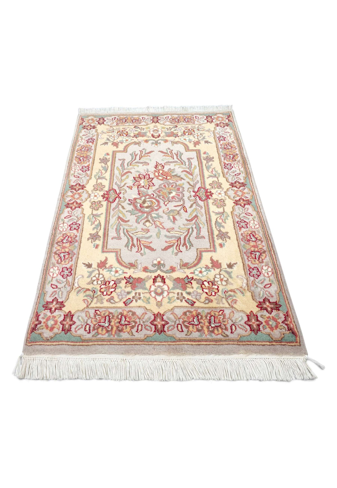 Hand-knotted wool pile of gold grey French floral rug, 62×96cm