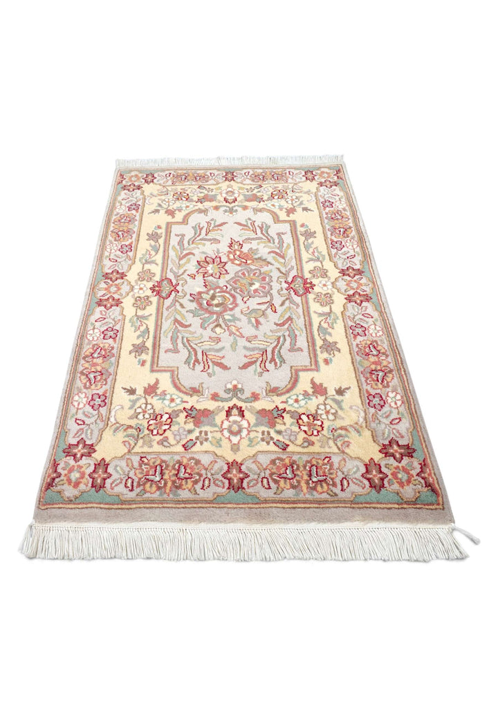Hand-knotted wool pile of gold grey French floral rug, 62×96cm