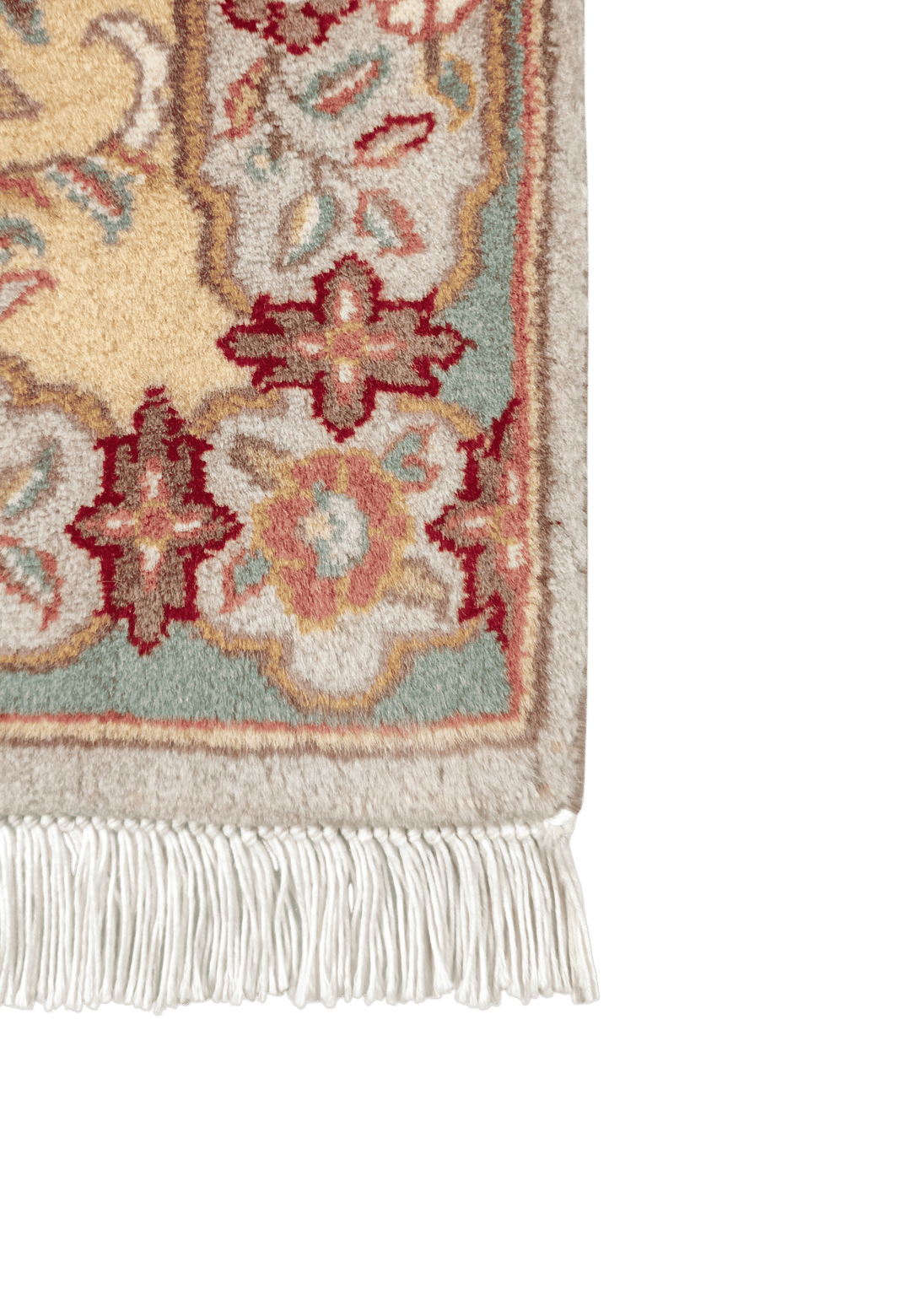 Hand-knotted gold rug with grey Savonnerie floral panel