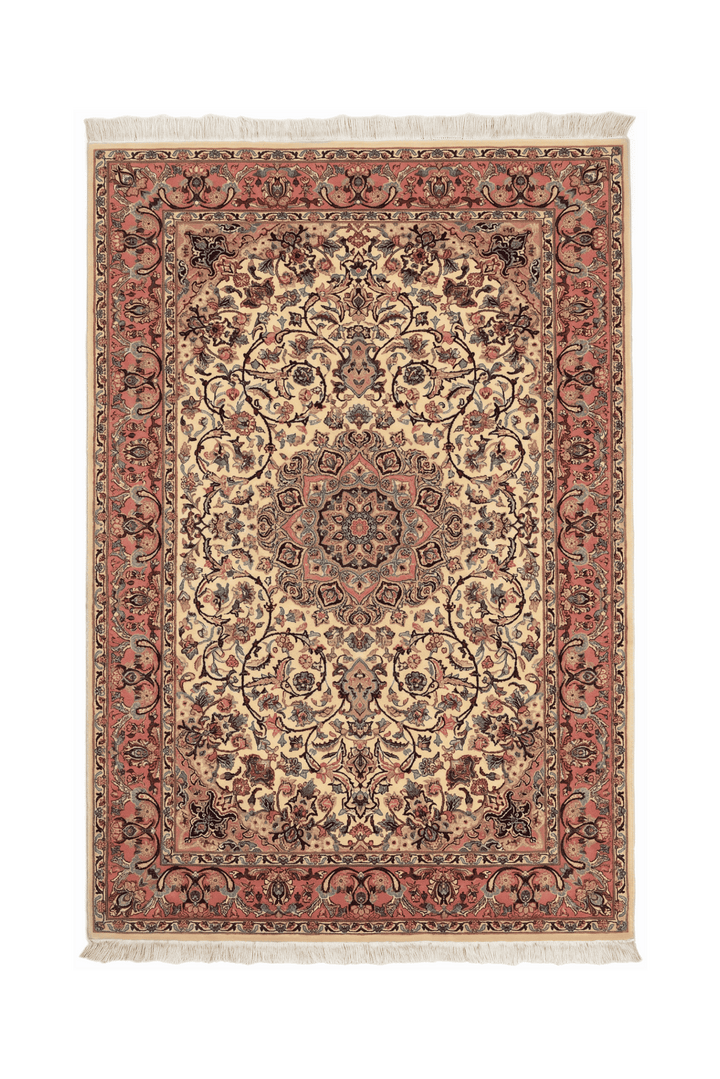 Rose and ivory medallion Tabriz rug, hand-knotted Pakistani wool