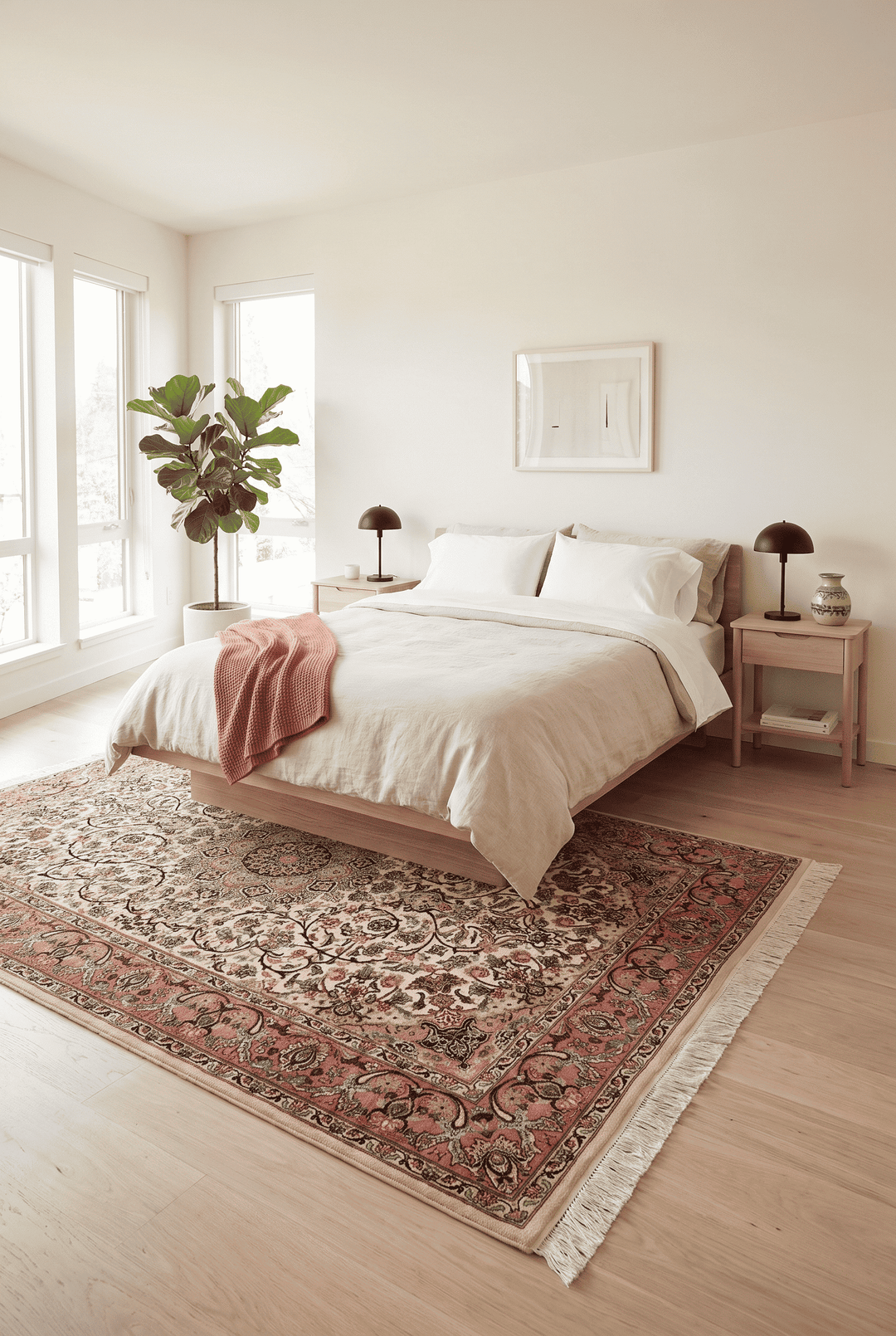Border detail of rose ivory hand-knotted double-knot rug