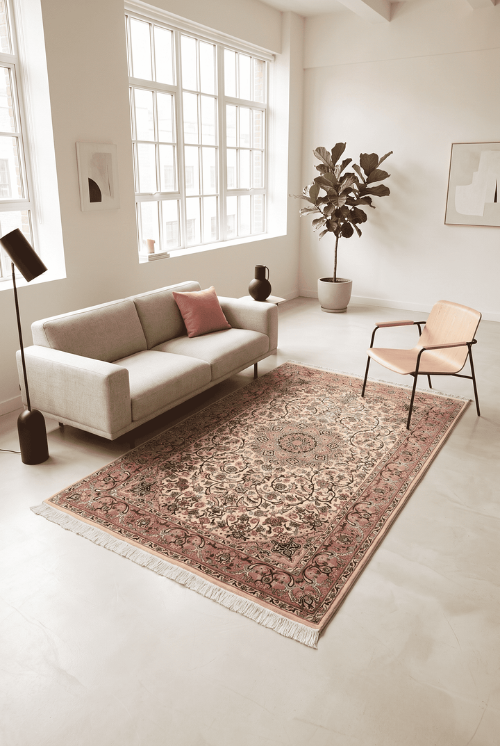 Hand-knotted wool pile of rose ivory Tabriz rug