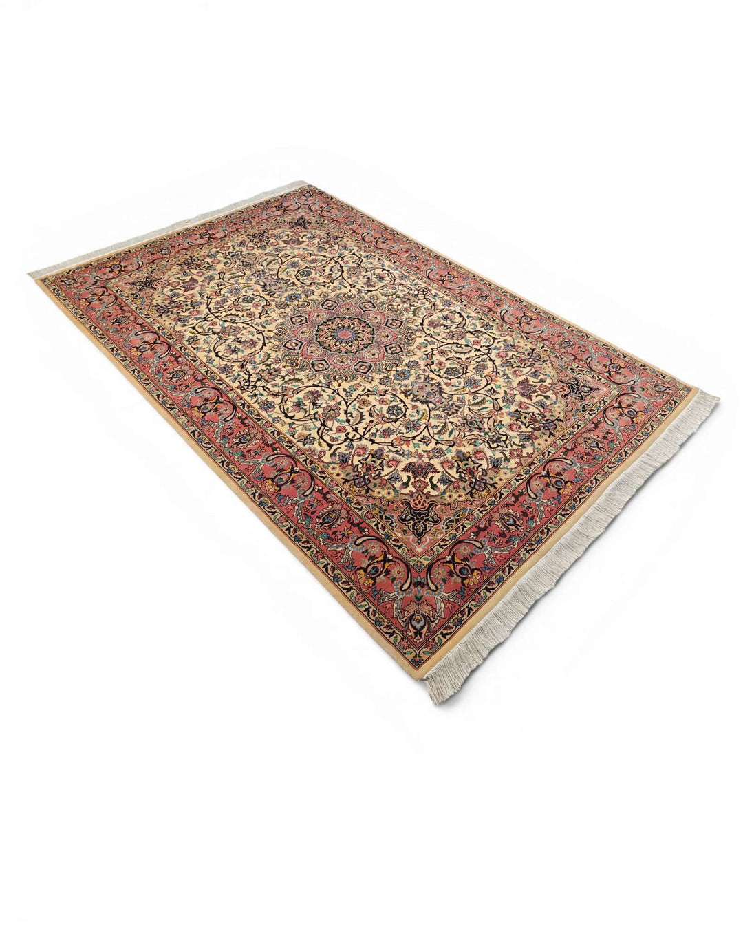 Hand-knotted rose rug with ivory Tabriz medallion