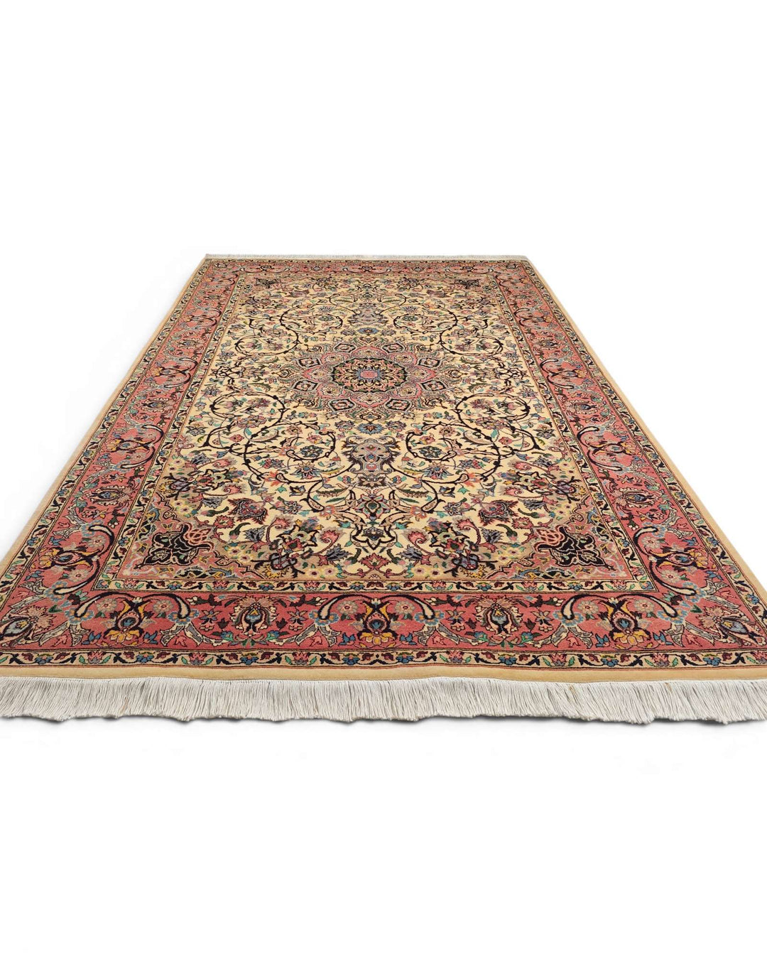 Fringe of rose and ivory Tabriz hand-knotted rug