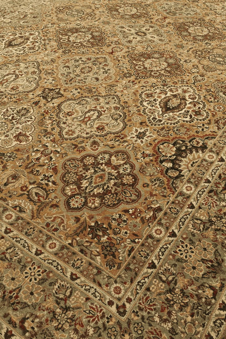 Afshan repeating floral detail in gold and sage on Pakistani rug