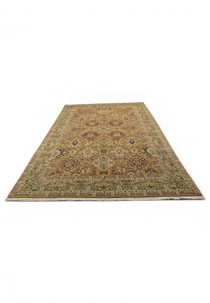 Border detail of gold sage hand-knotted Pakistani double-knot rug
