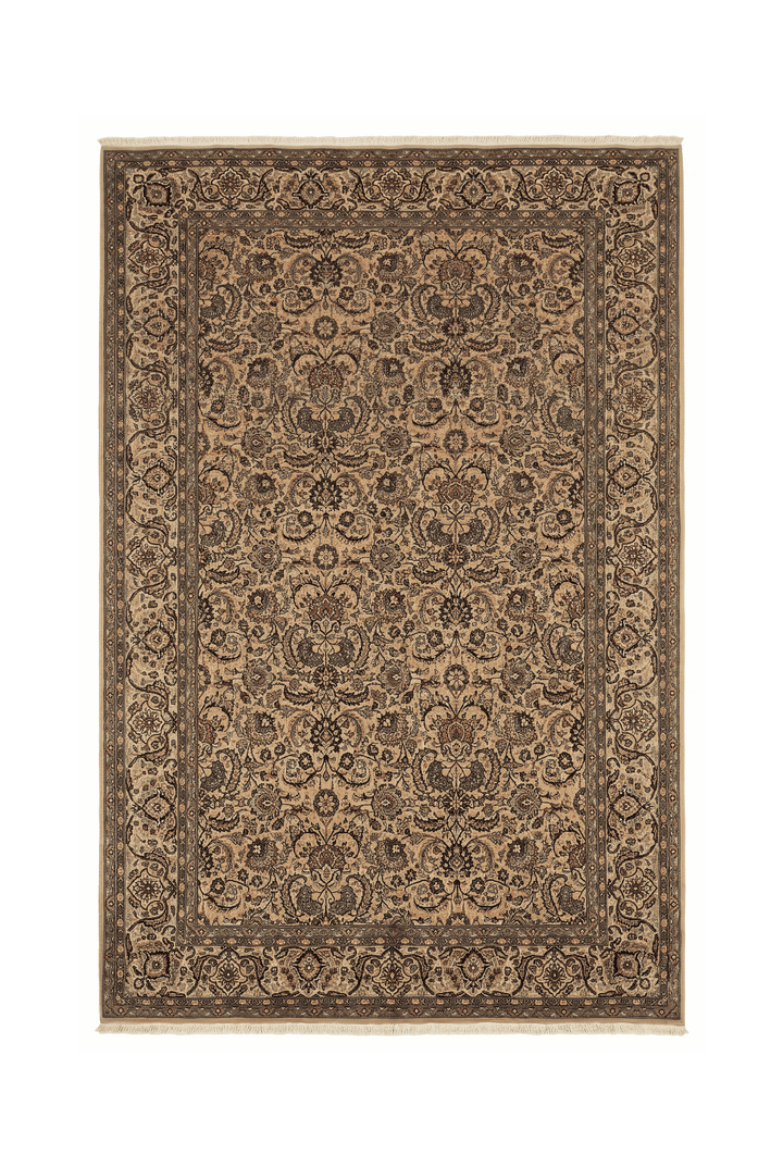 Gold and teal floral vine rug, 185×273cm, about 3 tatami