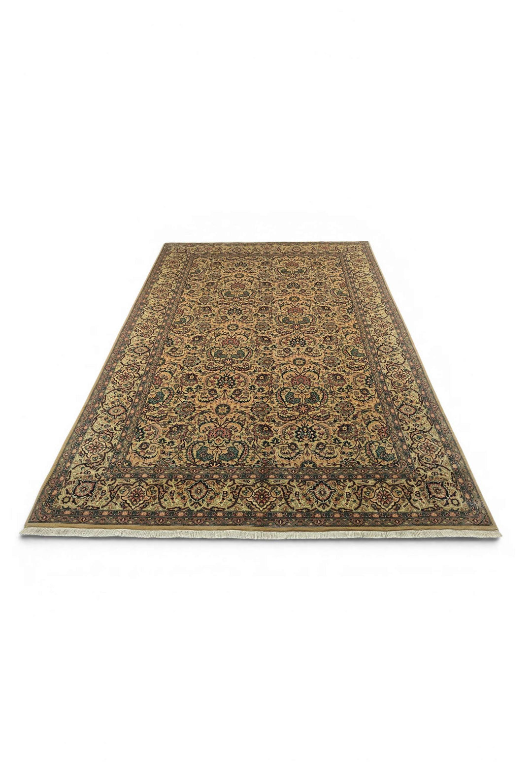 Border detail of gold teal hand-knotted double-knot rug